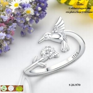 Anillo Colibrí Engastado en Plata Fina y Circones