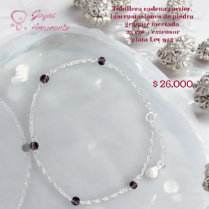 Tobillera Cadena Cartier Piedra Granate 23cm + extensor - Plata Ley 925